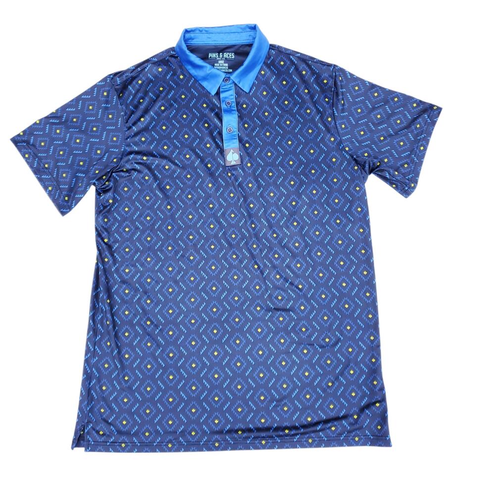 Pins & Aces Short Sleeve Golf Polo Shirt Blue Yellow Geometric DIamond Sz Large